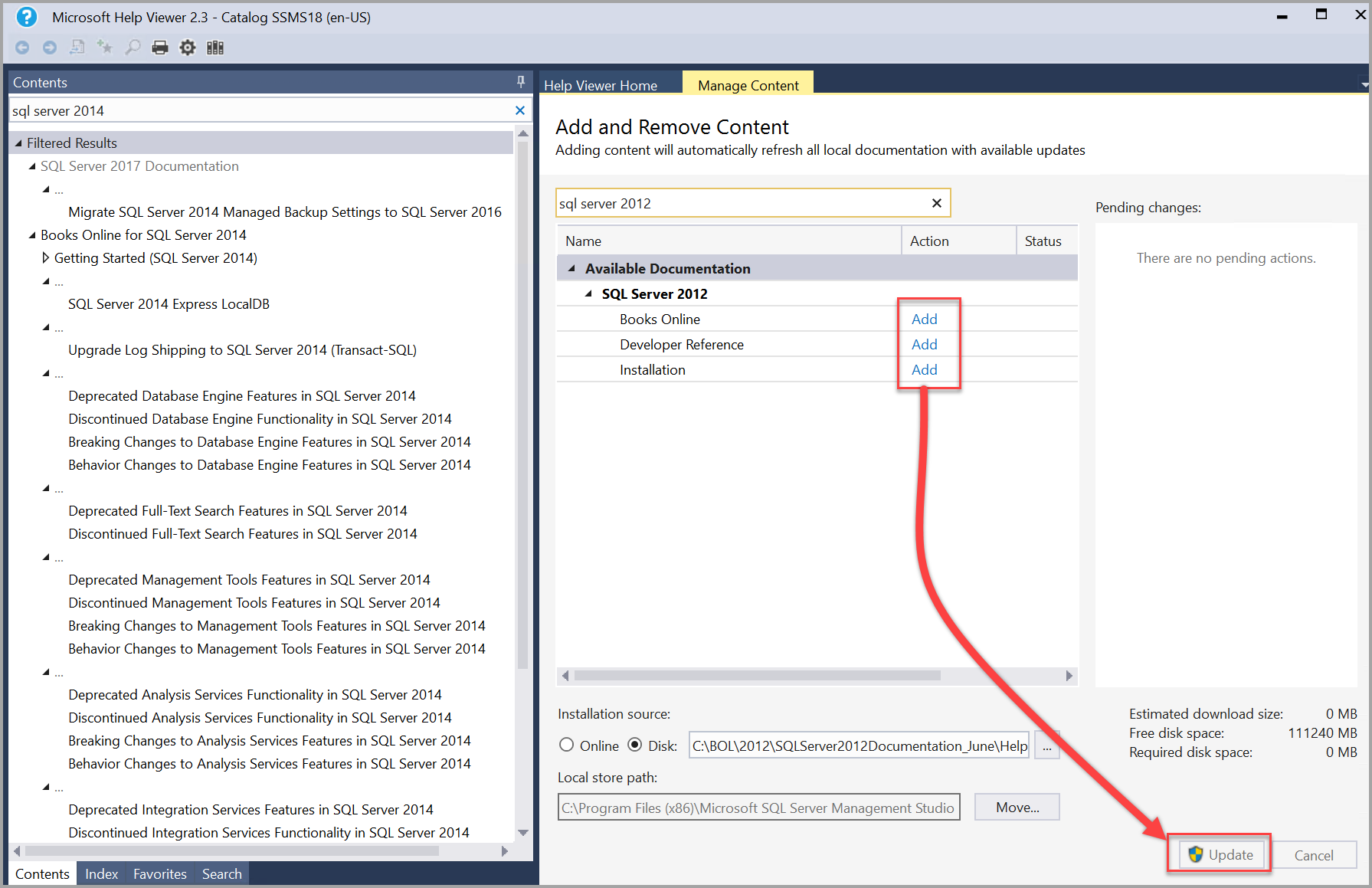 Ajouter et mettre à jour les livres SQL Server 2014 dans la Visionneuse d'aide