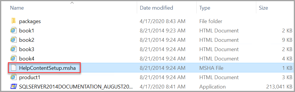 Fichier d’installation de la documentation de l’aide de SQL Server 2014