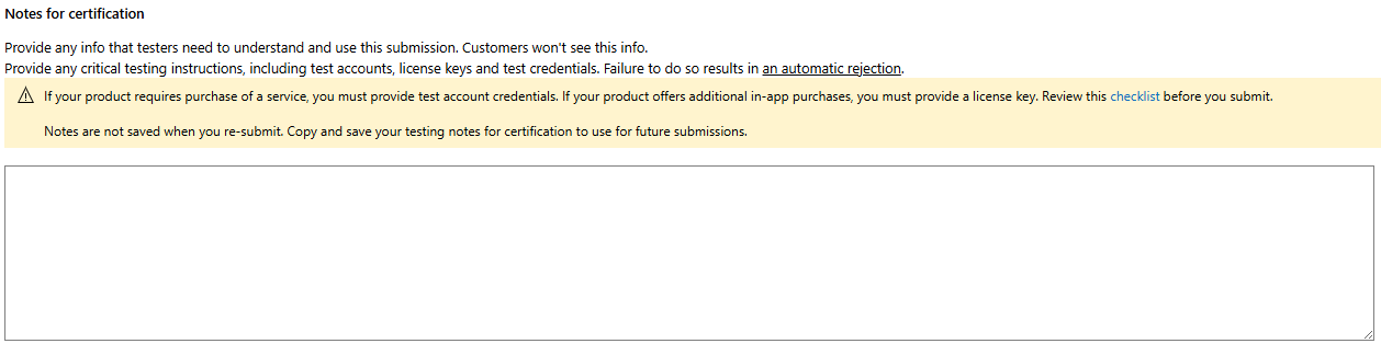 Screenshot of the Notes for certification screen.