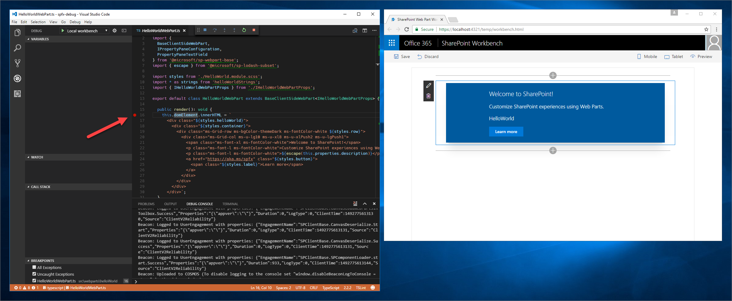 Point d’arrêt actif une fois le composant WebPart ajouté au canevas