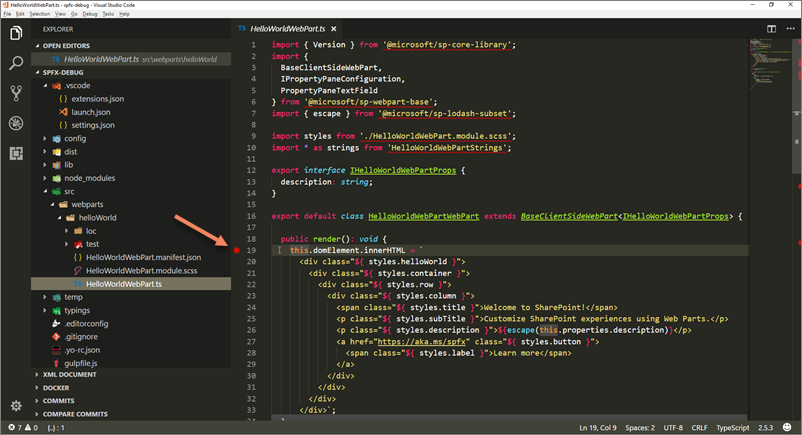 Point d’arrêt configuré dans un composant WebPart côté client SharePoint Framework dans Visual Studio Code
