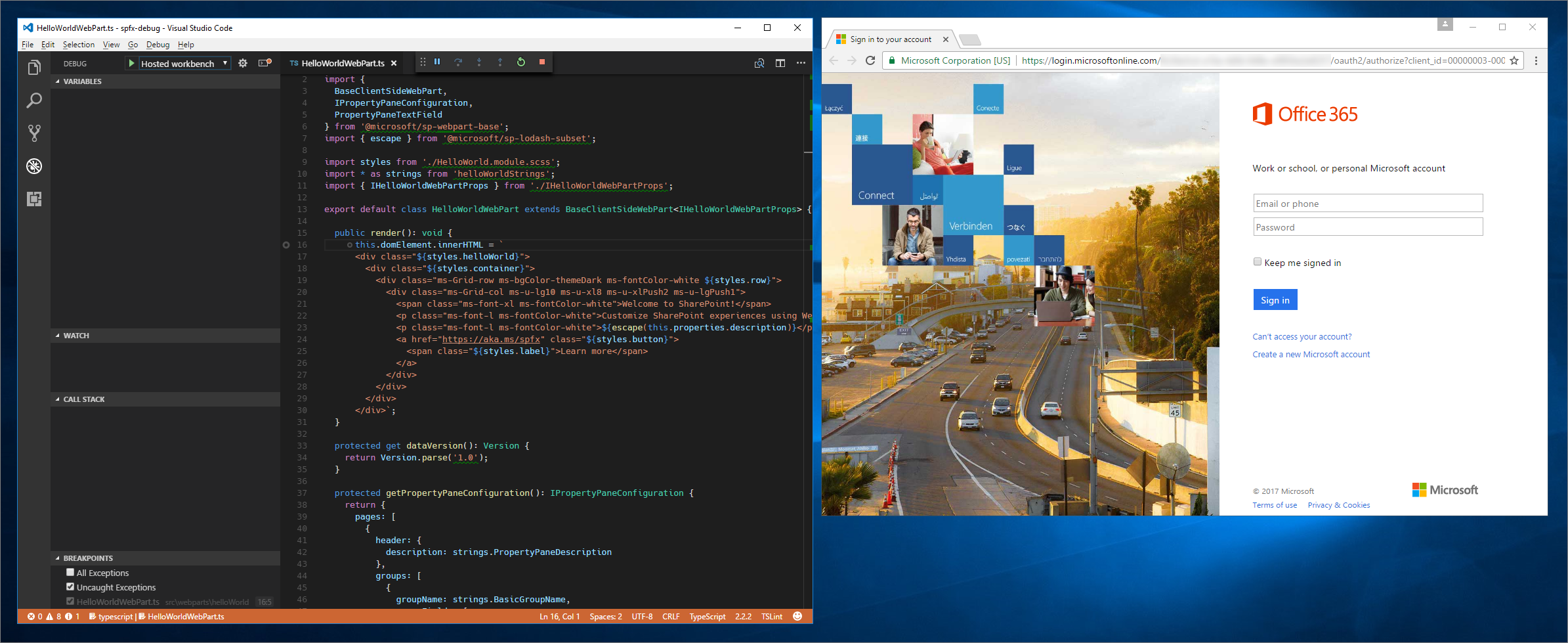 Page de connexion à Microsoft 365 affichée dans Google Chrome après le démarrage du débogage dans Workbench hébergé