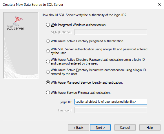 L’écran de création et de modification du DSN avec l’authentification Managed Service Identity sélectionnée.