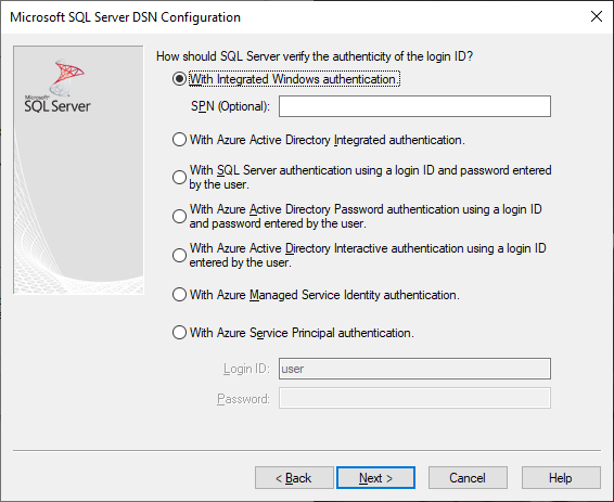 L’écran de création et de modification de DSN avec l’authentification Windows intégrée sélectionnée.