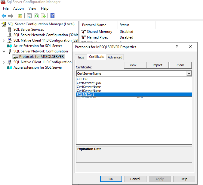 Screenshot de l’onglet certificat de la boîte de dialogue propriétés dans SQL Server Configuration Manager.