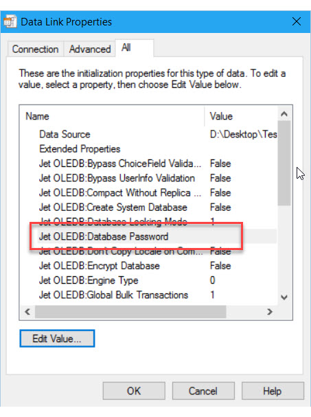 Spécifier le mot de passe Access, écran&nbsp;1