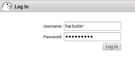 Capture d’écran de la page de connexion de l’interface utilisateur web Pacemaker avec le nom d’utilisateur hacluster entré.