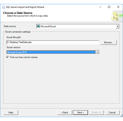 Capture d’écran de la connexion à une source de données Excel.