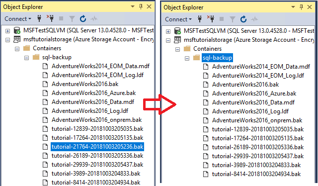 Capture d’écran du navigateur de stockage SQL Server Management Studios montrant les conteneurs Azure et la suppression de l’objet blob de sauvegarde du journal des transactions.