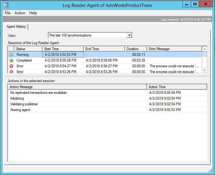 Capture d’écran de l’agent Log Reader s’exécutant sans transactions répliquées.