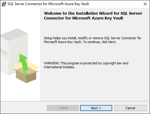 Capture d'écran de l'assistant d'installation du connecteur SQL Server.