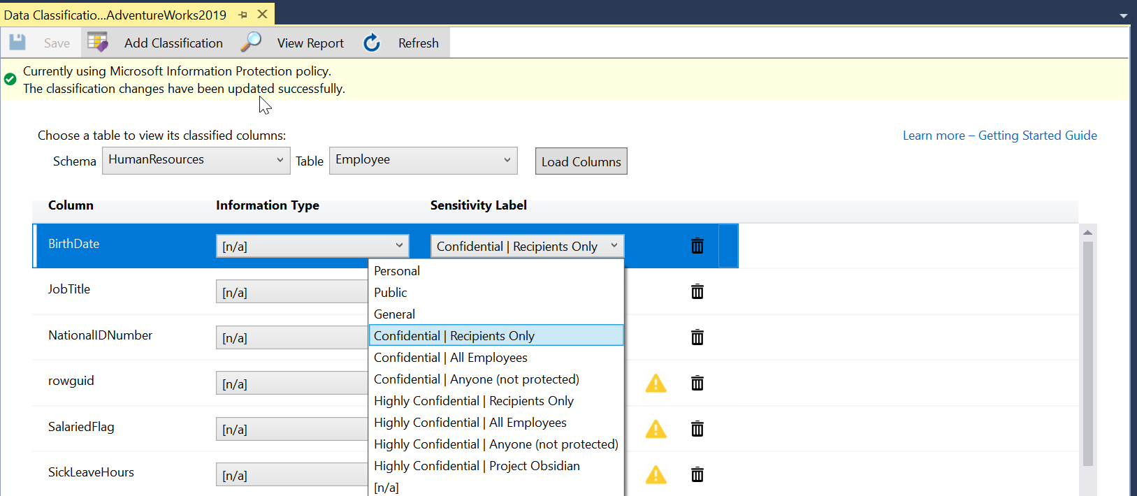 Choosing Microsoft Information Protection Étiquettes de confidentialité de stratégie dans SSMS