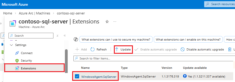 Capture d’écran du volet Extension pour le volet Machine - Azure Arc dans le portail Azure, avec mise à jour mise en surbrillance.