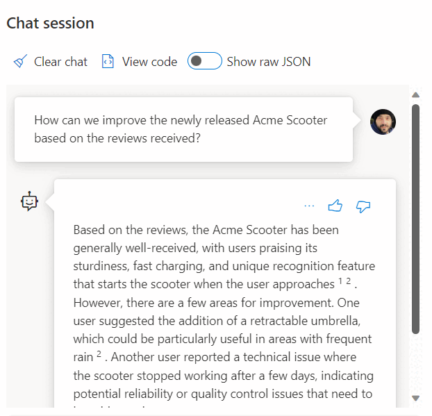 Screenshot d’un bot IA répondant à la question à l’aide de données stockées dans SQL Server.