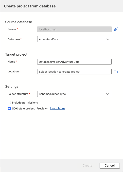 Capture d'écran de la boîte de dialogue Créer un projet à partir d'une base de données dans Visual Studio Code.