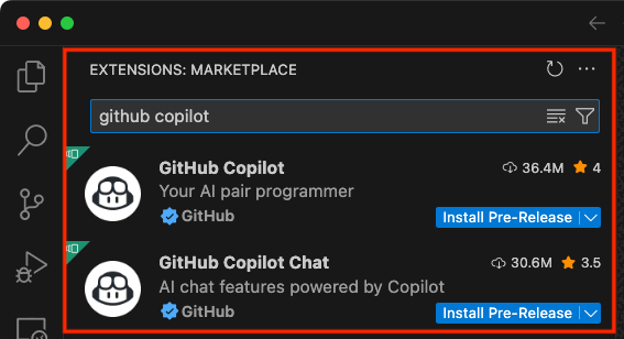 Capture d’écran de l’extension GitHub Copilot dans Visual Studio Code.