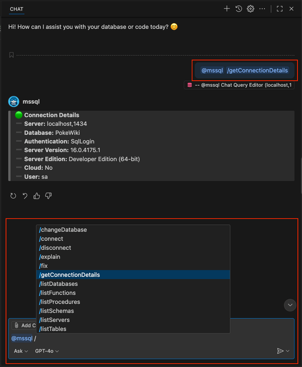 Capture d’écran de l’utilisation d’un exemple de commande slash dans le chat de GitHub Copilot.