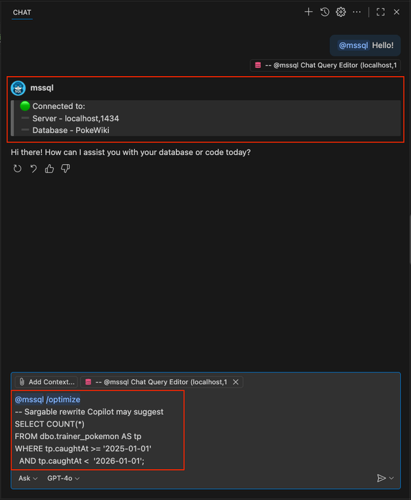 Capture d’écran montrant la suggestion de commande /optimize slash pour une requête sargable.