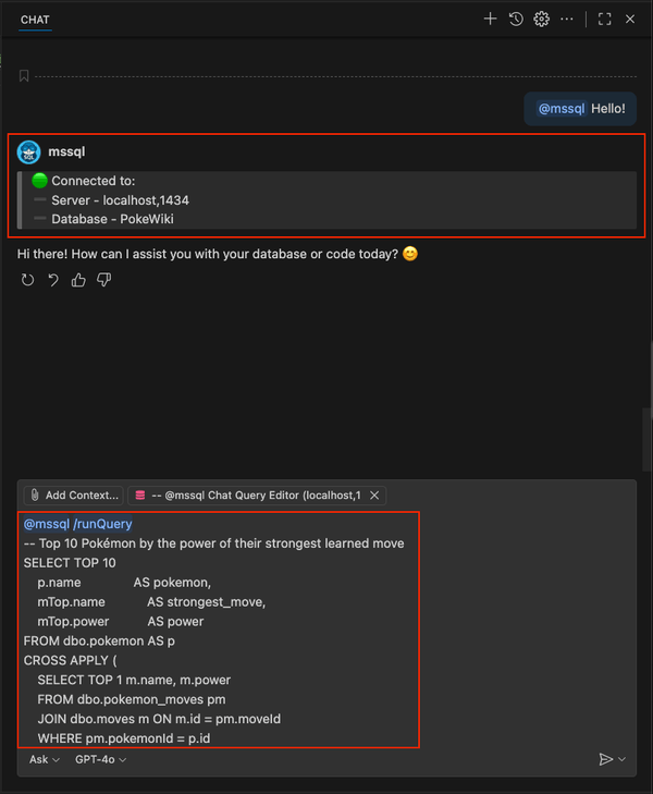 Capture d’écran montrant la commande /runQuery slash avec SQL pour les Pokémon les plus puissants.