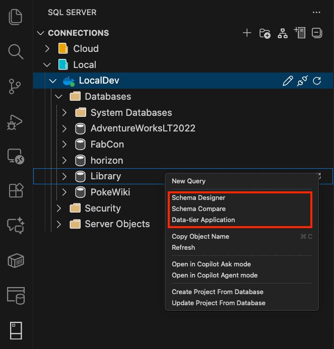 Capture d’écran du lancement de l’expérience d'application de niveau de données dans l’extension MSSQL pour Visual Studio Code.