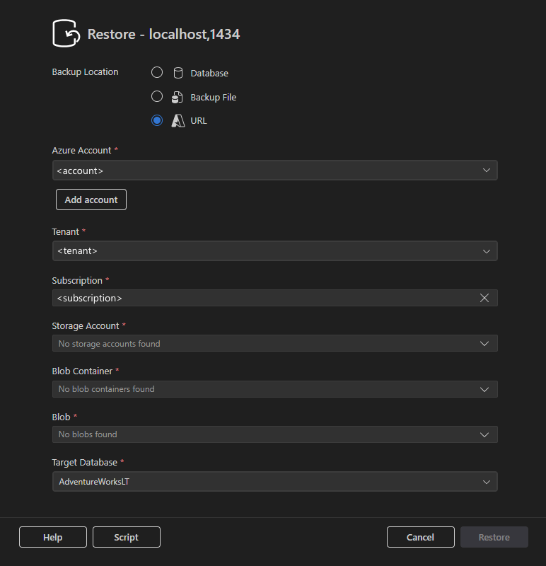 Capture d’écran de la boîte de dialogue Restaurer avec l’option URL sélectionnée montrant les champs de configuration Azure.