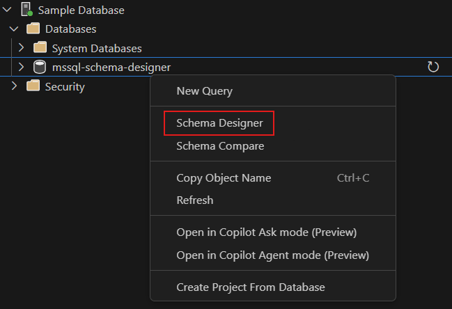 Capture d’écran du point d’entrée pour ouvrir le concepteur de schémas dans l’extension MSSQL de Visual Studio Code.