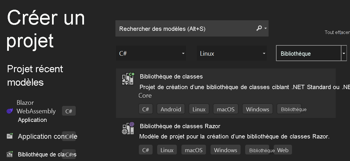 Capture d’écran des liens du modèle de bibliothèque de composants Razor du volet « Créer un projet » dans Visual Studio.