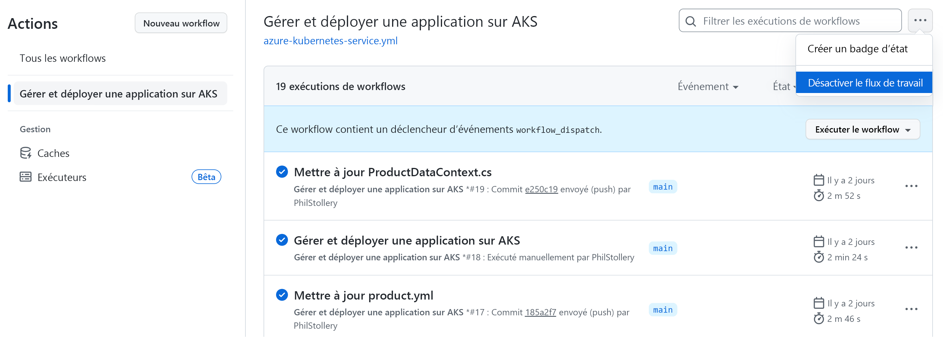 Capture d’écran montrant l'option de menu Flux de travail désactivé pour un flux de travail GitHub Action.