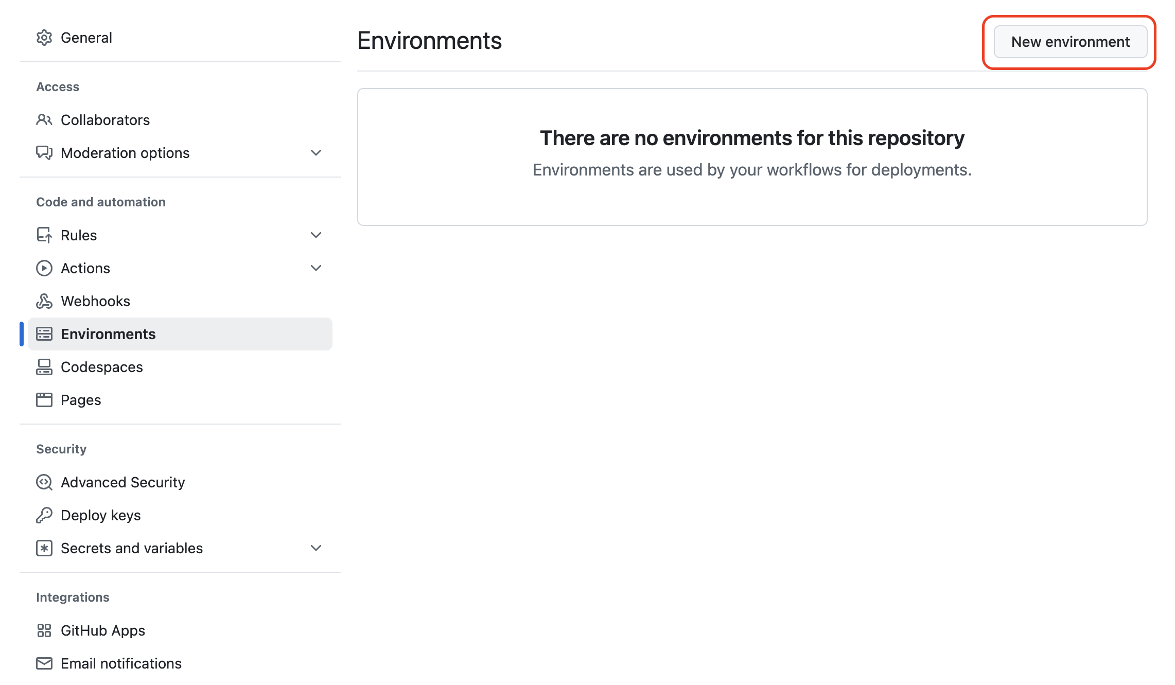 Capture d’écran de la page Paramètres du référentiel GitHub montrant la section Environnements avec un message indiquant qu’aucun environnement n’existe et qu’un bouton Nouvel environnement est mis en surbrillance.