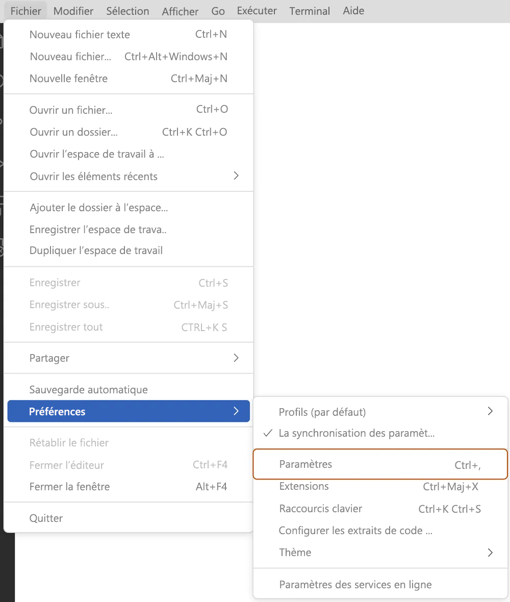 Capture d’écran du menu Fichier dans Visual Studio Code. Le sous-menu déroulant Préférences est ouvert avec la commande Paramètres sélectionnée.