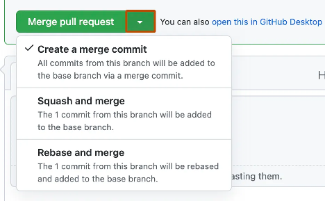 Capture d’écran du menu déroulant du bouton vert Fusionner la demande de tirage avec l’option Créer une validation de fusion sélectionnée.