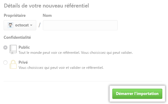 Capture d’écran du bouton commencer l’importation pour une nouvelle importation de référentiel.