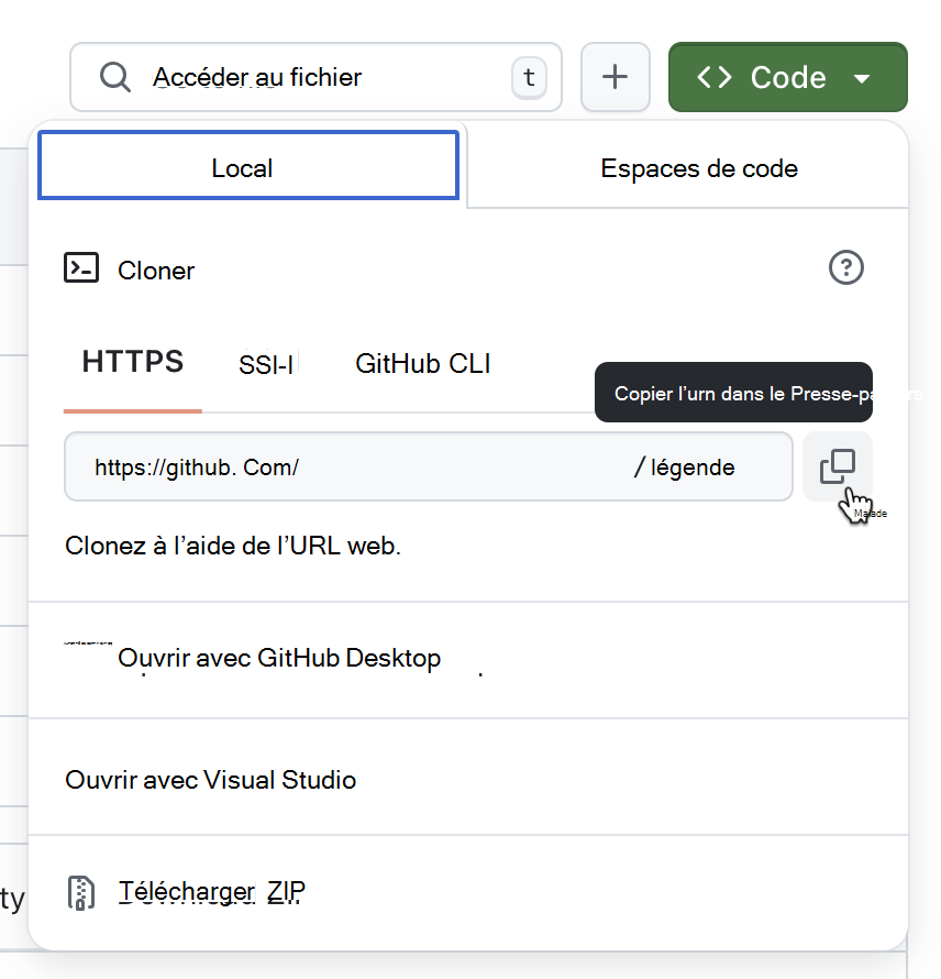 Capture d’écran de l’option sur GitHub pour copier l’URL du dépôt.