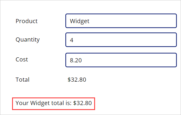 Capture d’écran illustrant le résumé de transaction «&nbsp;Le montant total de votre achat de Widget s’élève à&nbsp;: 32,80&nbsp;$&nbsp;».