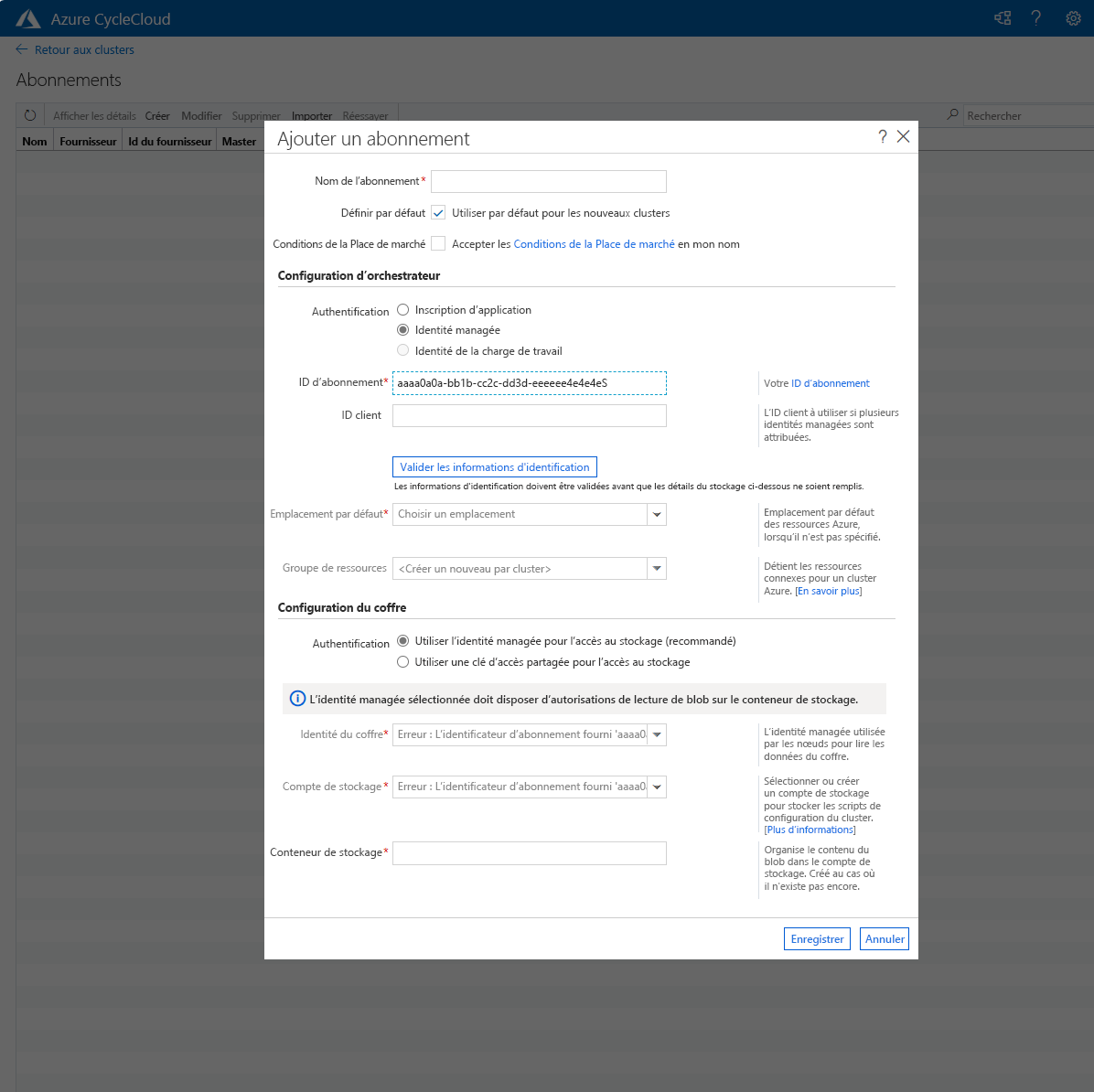 Capture d’écran montrant la fenêtre contextuelle Ajouter un abonnement devant l’application web Azure CycleCloud.