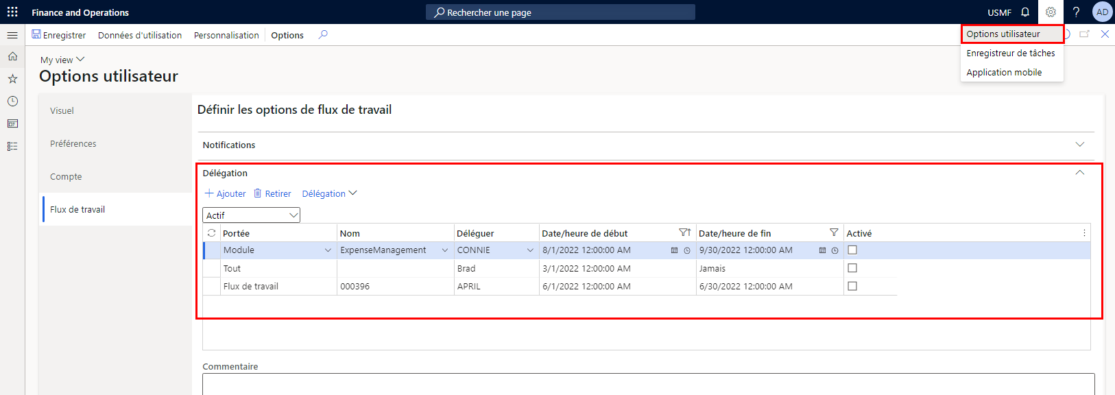 Capture d’écran de la page Options utilisateur et du raccourci Définir les options de workflow.