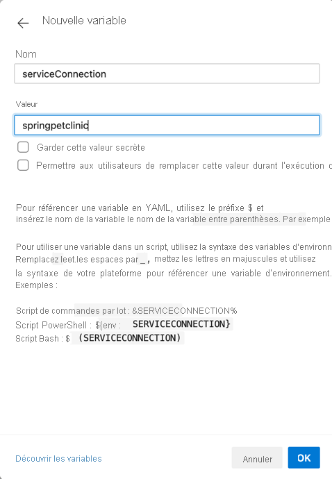 Capture d’écran montrant la nouvelle variable du principal de service.