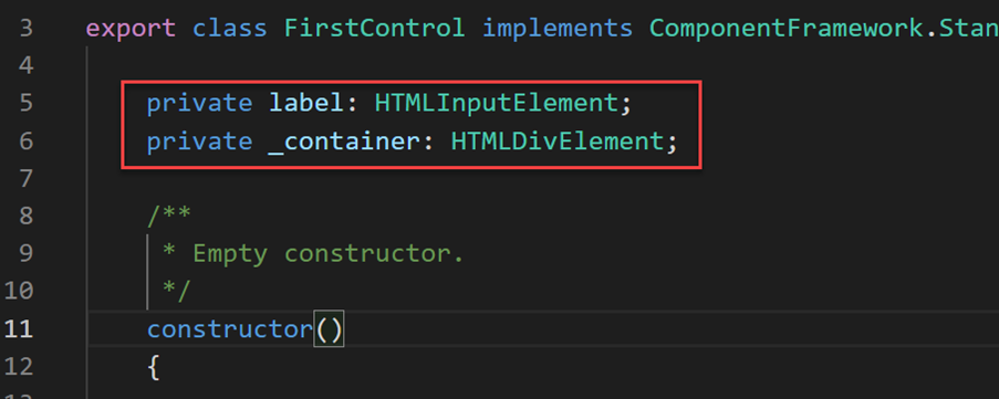 Capture d’écran montrant l’emplacement des deux variables dans le code du composant.