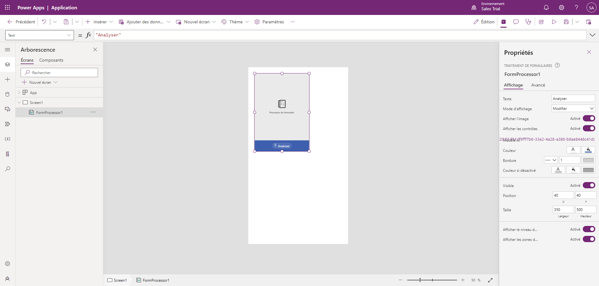 Capture d’écran de l’intégration par défaut d’un modèle AI Builder à une nouvelle Power&nbsp;App.