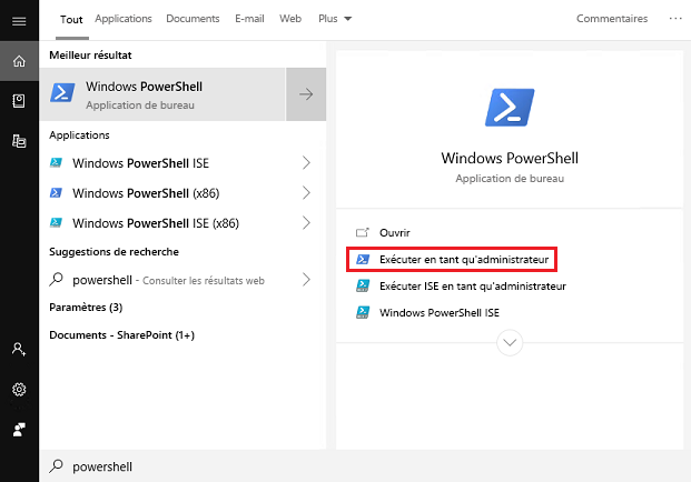 Capture d’écran de l’application de bureau Windows&nbsp;PowerShell&nbsp;avec l’option Exécuter en tant qu’administrateur mise en surbrillance.