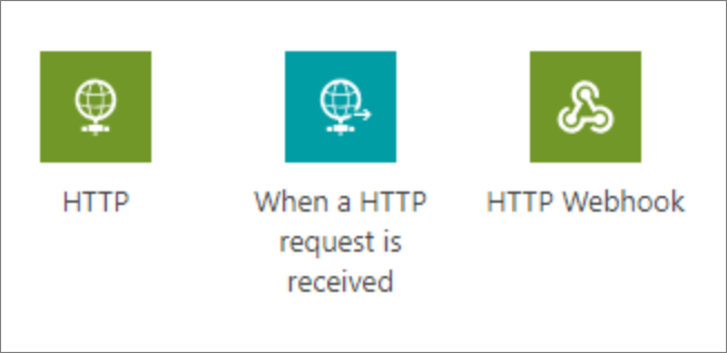 Capture d’écran des déclencheurs/actions HTTP, Lors de la réception d’une requête HTTP et Webhook HTTP.
