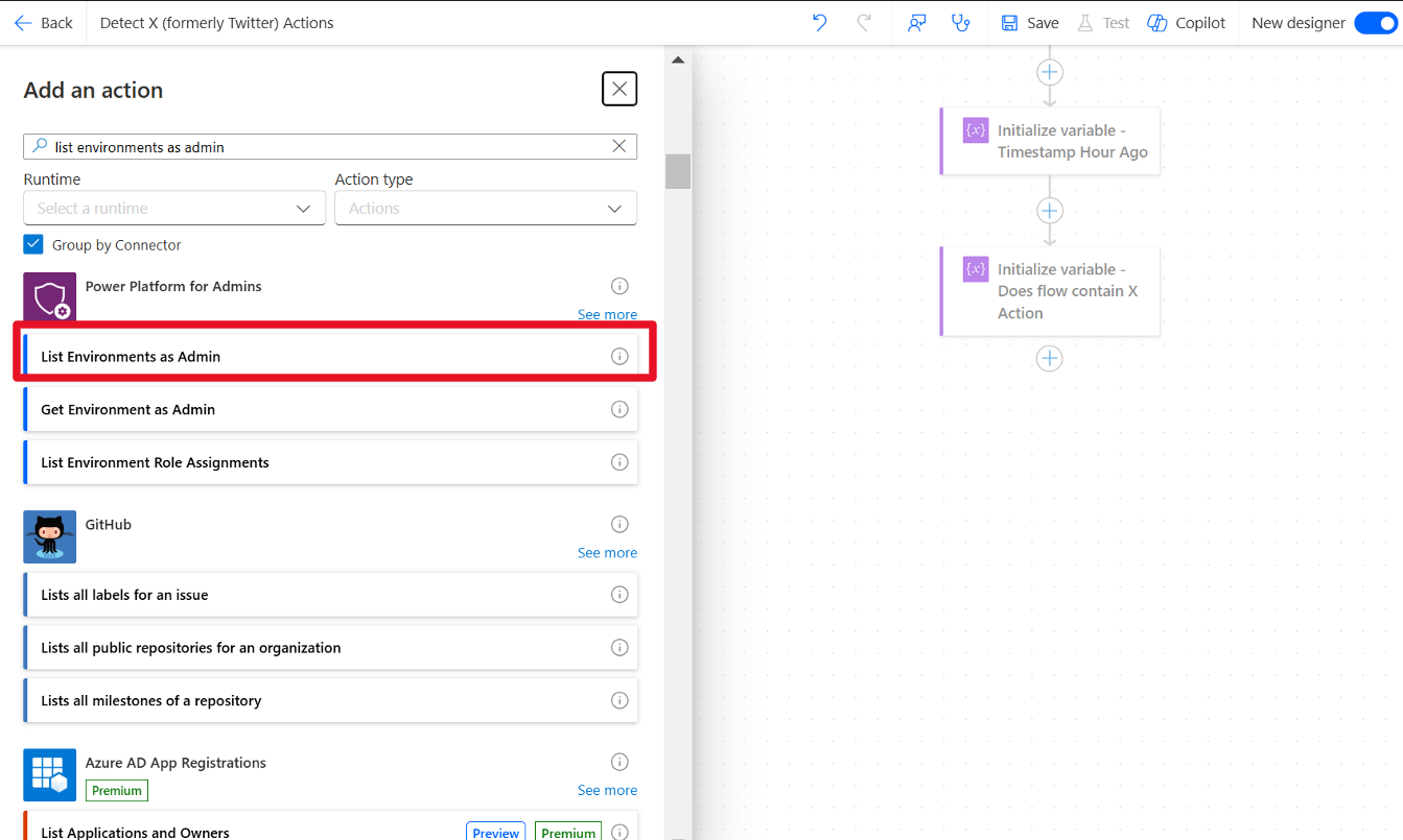 Capture d’écran de la nouvelle action Power&nbsp;Platform&nbsp;for&nbsp;Admins avec l’option Lister les environnements en tant qu’administrateur mise en évidence.