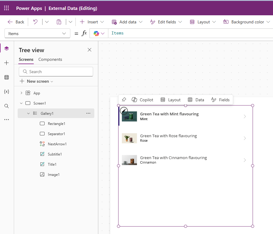 Capture d’écran de l’ajout d’une source de données OneDrive aux éléments d’une galerie.