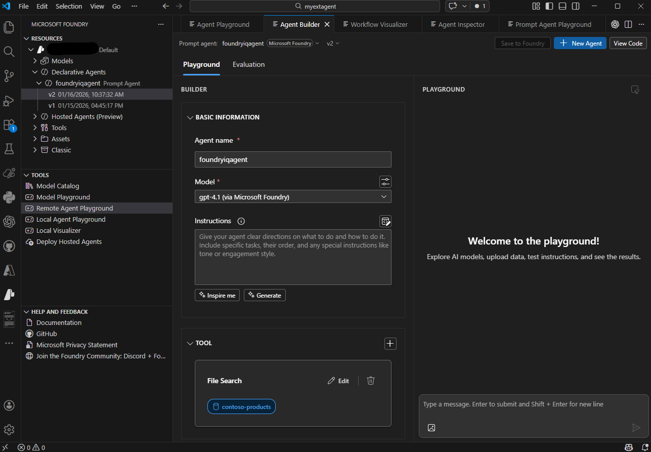 Capture d’écran de l’interface d’extension Microsoft Foundry VS Code montrant les sections Ressources, Outils et Aide et Commentaires.