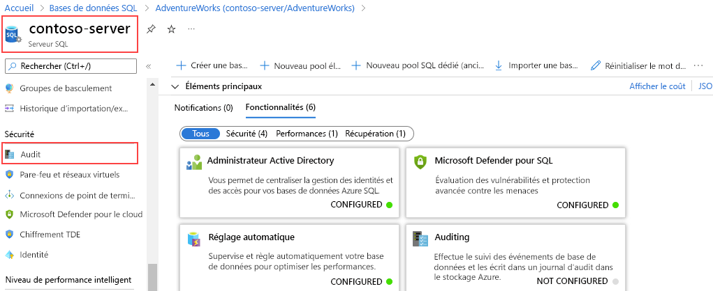 Capture d’écran de l’option d’audit dans la section Sécurité d’un serveur SQL.