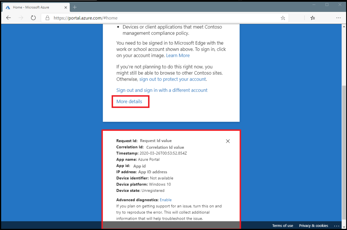 Capture d’écran montrant plus de détails d'une interruption de connexion au navigateur web due à l’accès conditionnel.