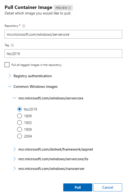 Capture d’écran de la boîte de dialogue Pull Container Image, avec des champs pour le référentiel et la balise. Plusieurs images Windows courantes sont disponibles pour la sélection.