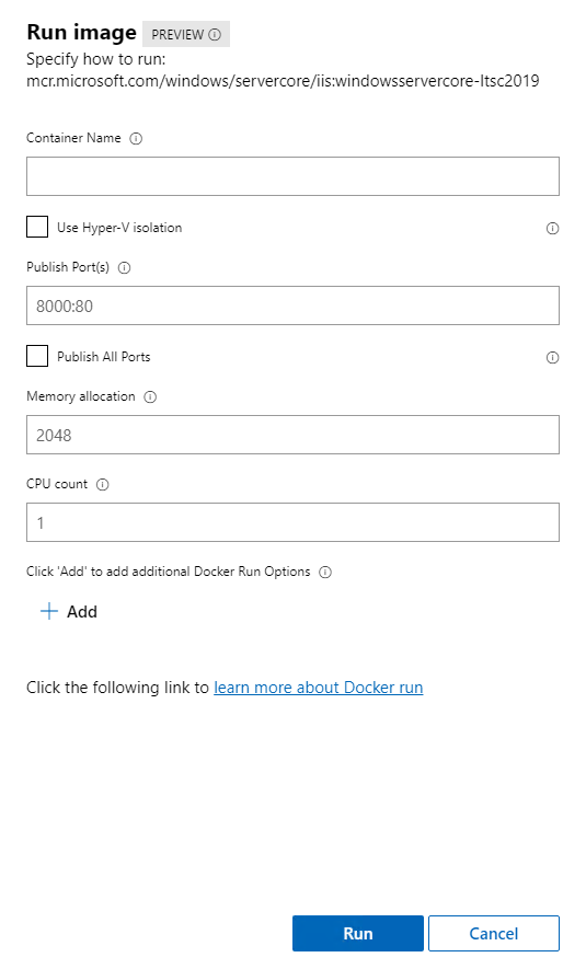 Capture d’écran de la boîte de dialogue Exécuter l’image, avec des champs pour le nom du conteneur et d’autres informations. Un bouton Ajouter est disponible pour la configuration des options.
