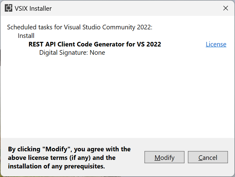 Capture d’écran montrant la boîte de dialogue Installer VSIX.