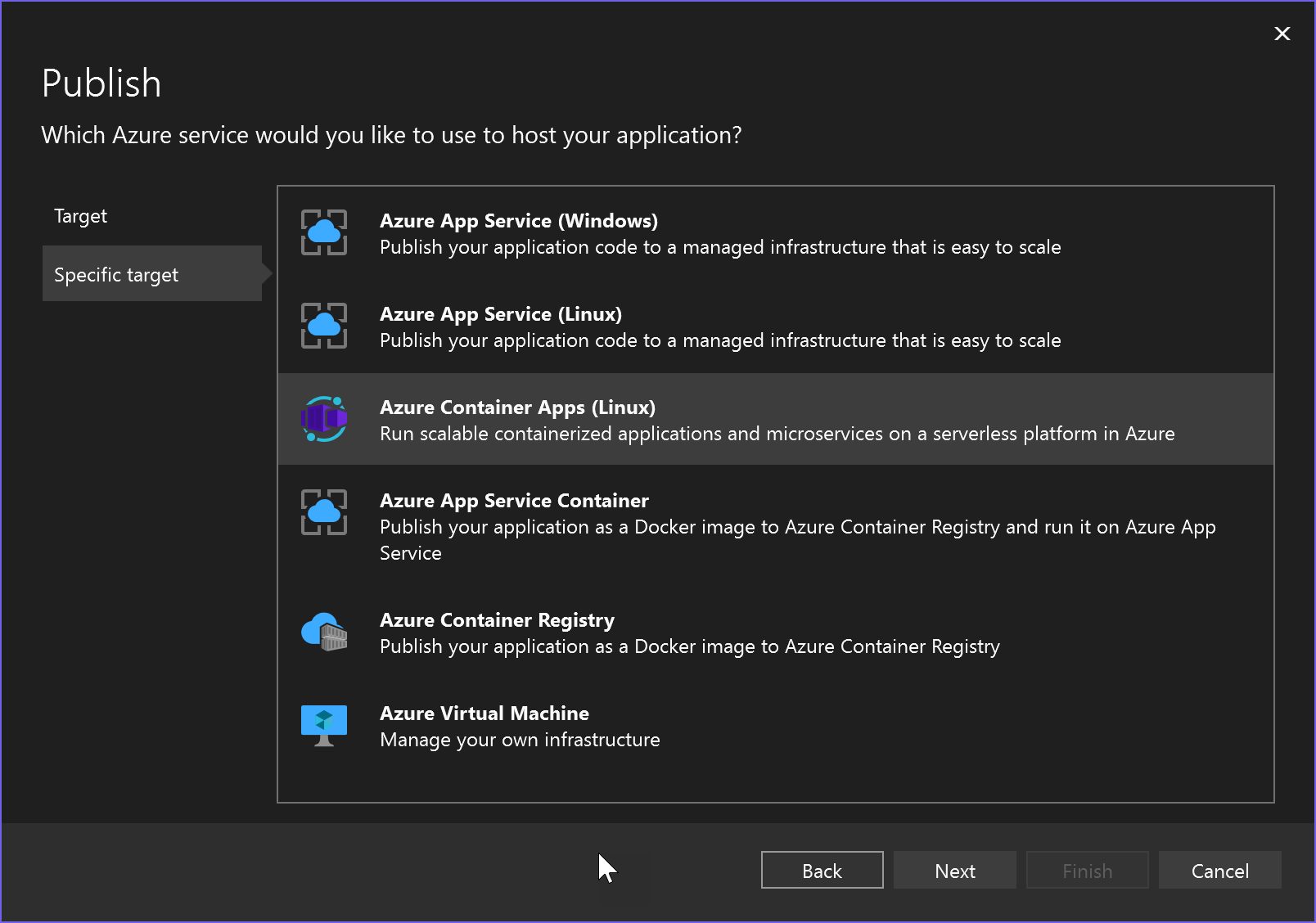 Capture d’écran de publication avec l’option Azure Container Apps (Linux) sélectionnée.